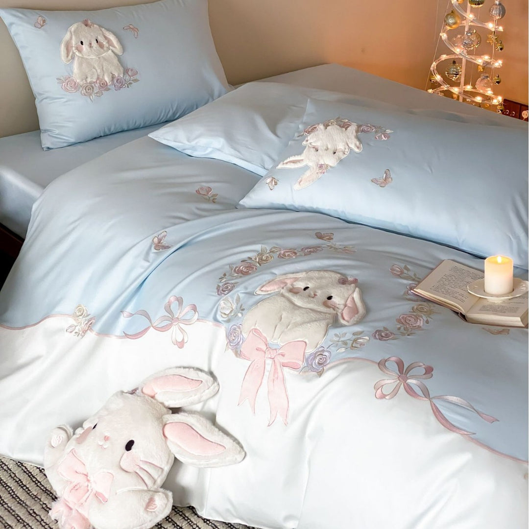 Plush Bunny Appliqué Cotton-Sateen Decorative Duvet Cover Set