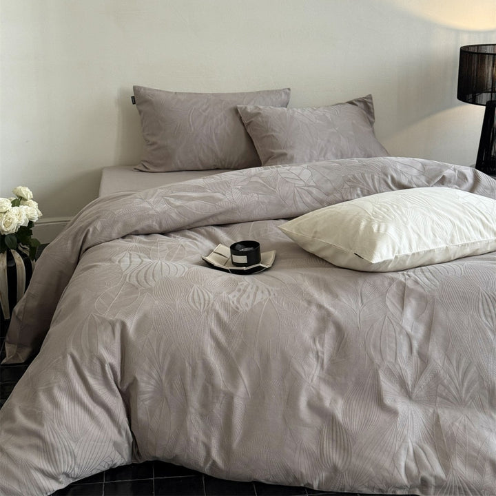 Jacquard Botanical Cotton-Sateen Duvet Cover Set with Subtle Embossed Leaf Pattern