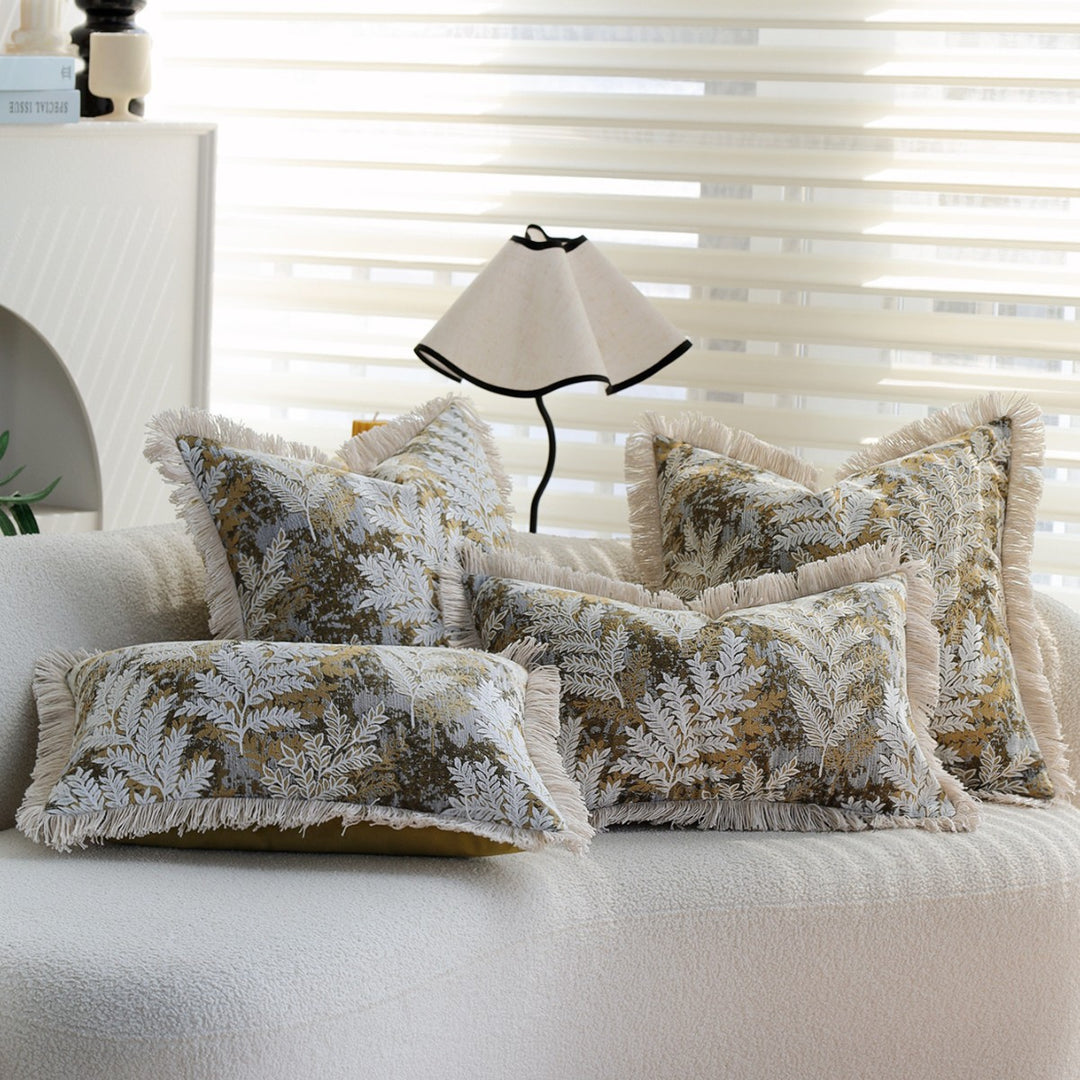 Decorative velvet cushion cover with embroidered fern jacquard and fringed edge Stornfield
