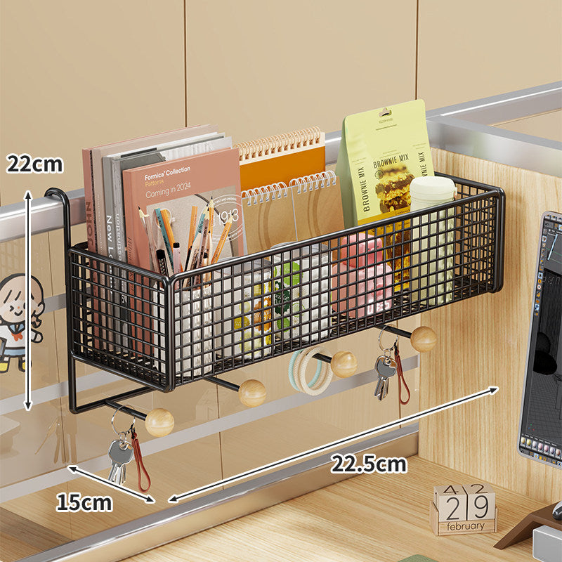 Desk Rail-Mounted Mesh Organizer Basket with Hooks