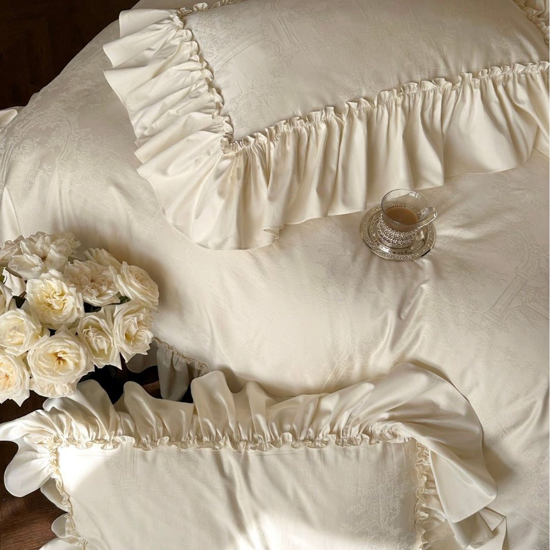 Ruffled Satin Jacquard Duvet Cover Set with Frilled Edge and Pillow Shams