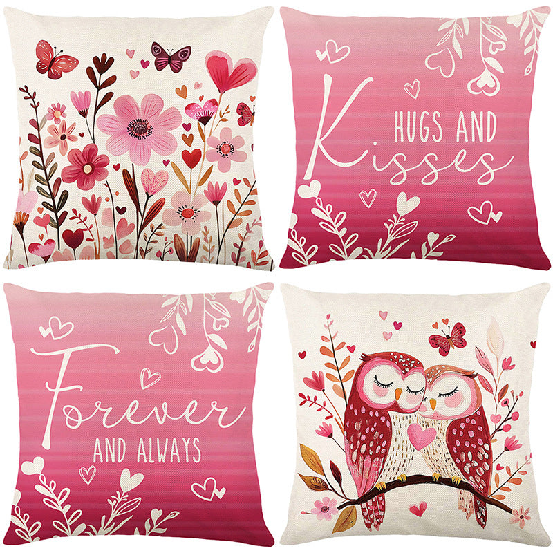 Decorative Floral Heart Pattern Throw Pillow Cover with Butterfly Motif Linen-Texture