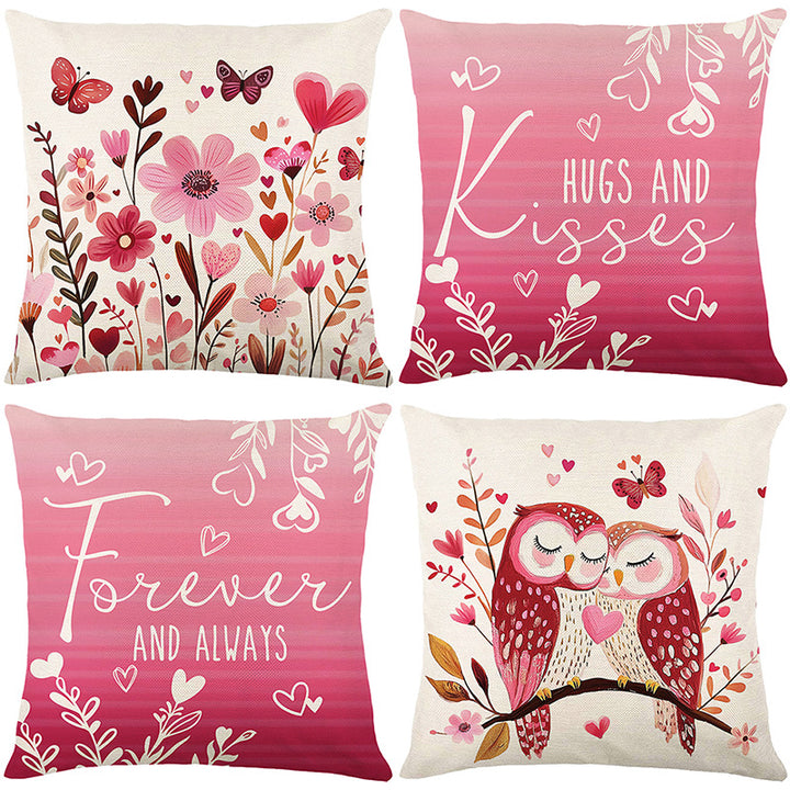 Decorative Floral Heart Pattern Throw Pillow Cover with Butterfly Motif Linen-Texture