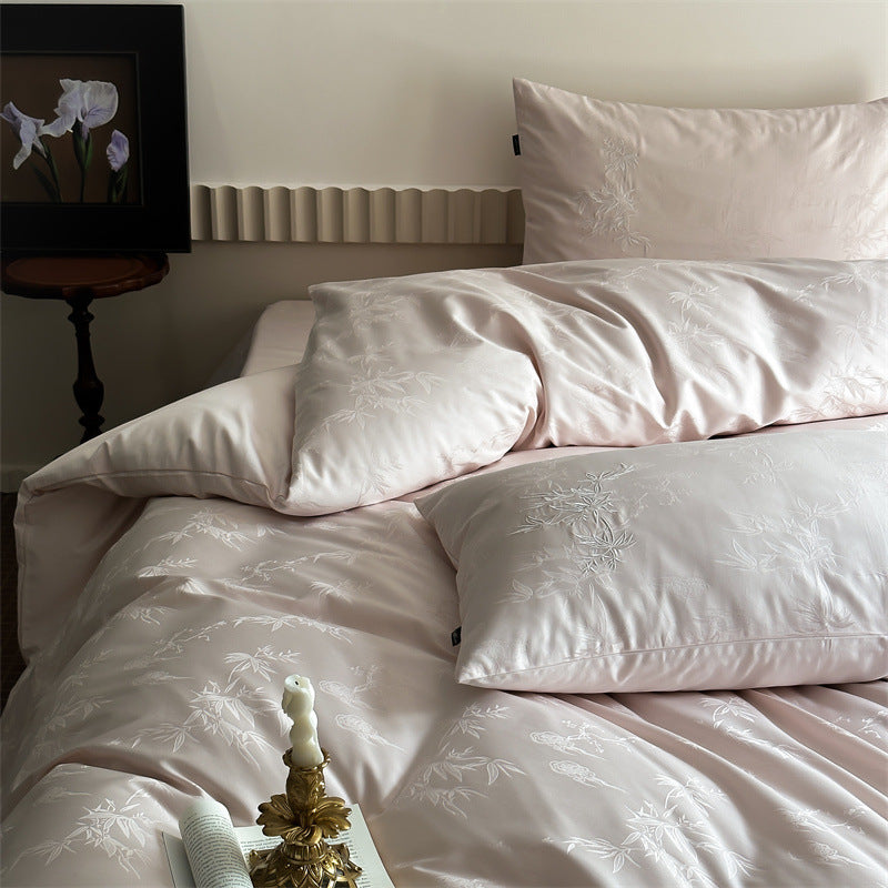 Luxurious cotton satin bedding set with fine jacquard floral relief and silky finish