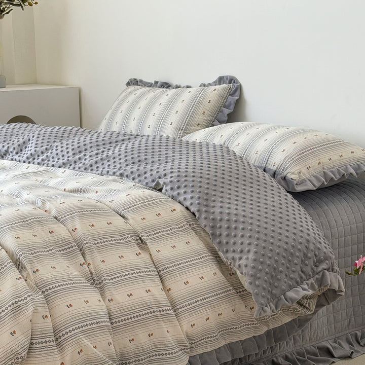 Floral Cotton Duvet Cover Set with Velvet-Trimmed Ruffled Shams and Plush Minky Throw