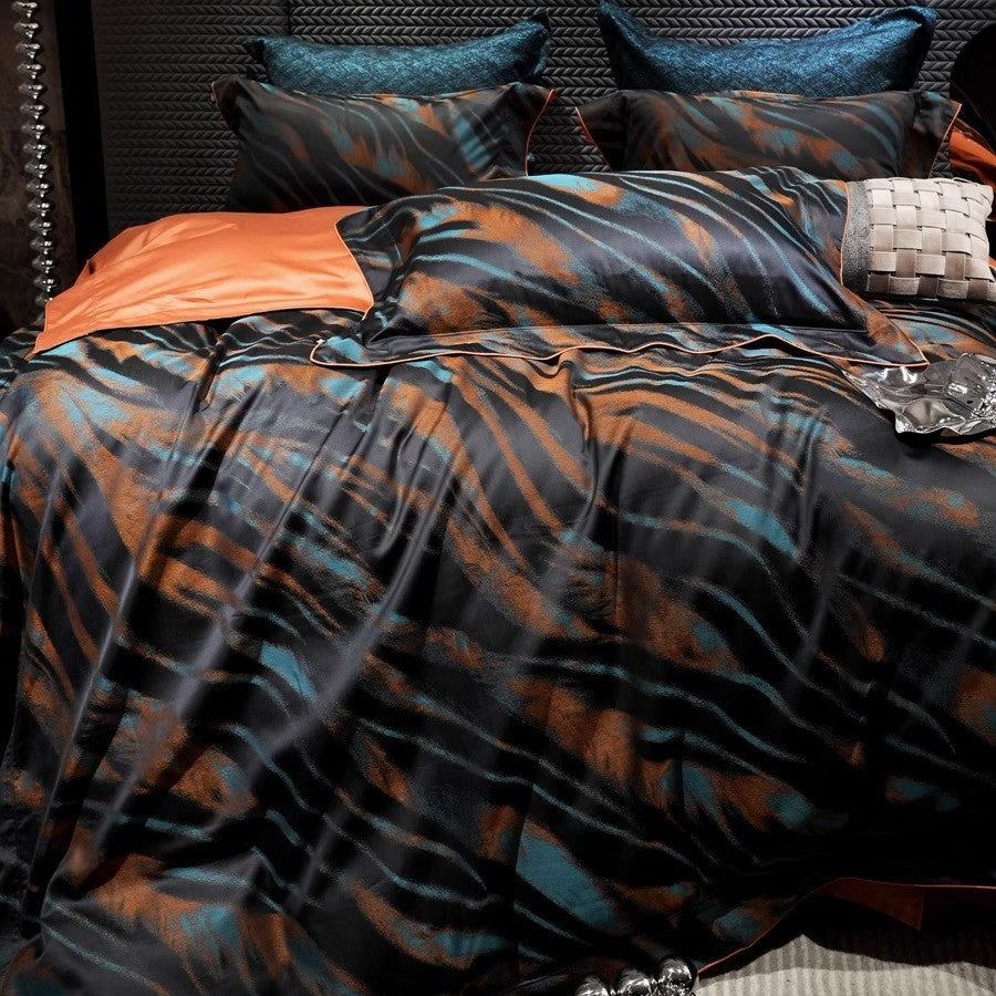 Silk-Feel Reversible Duvet Cover Set with Abstract Brushstroke Print