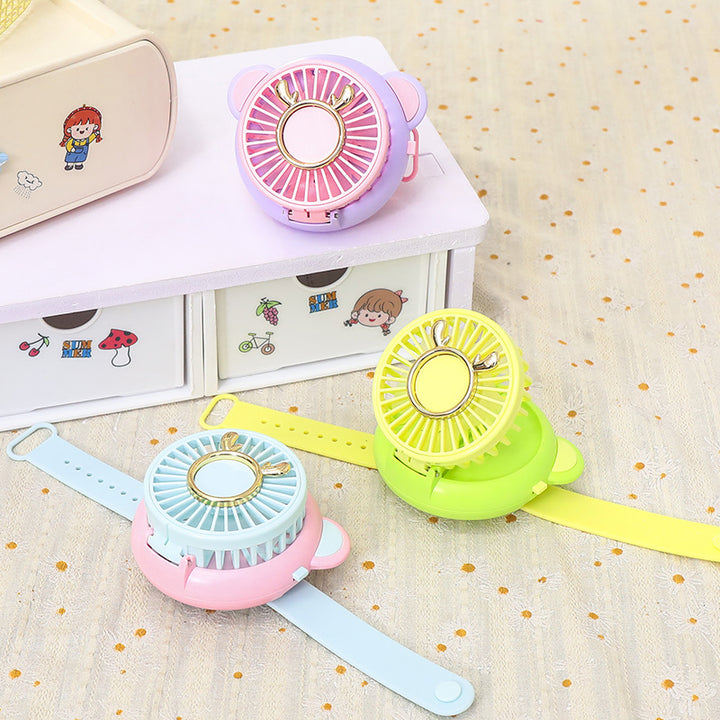 Ladies portable hand fan with integrated mirror and cute animal design Stornfield