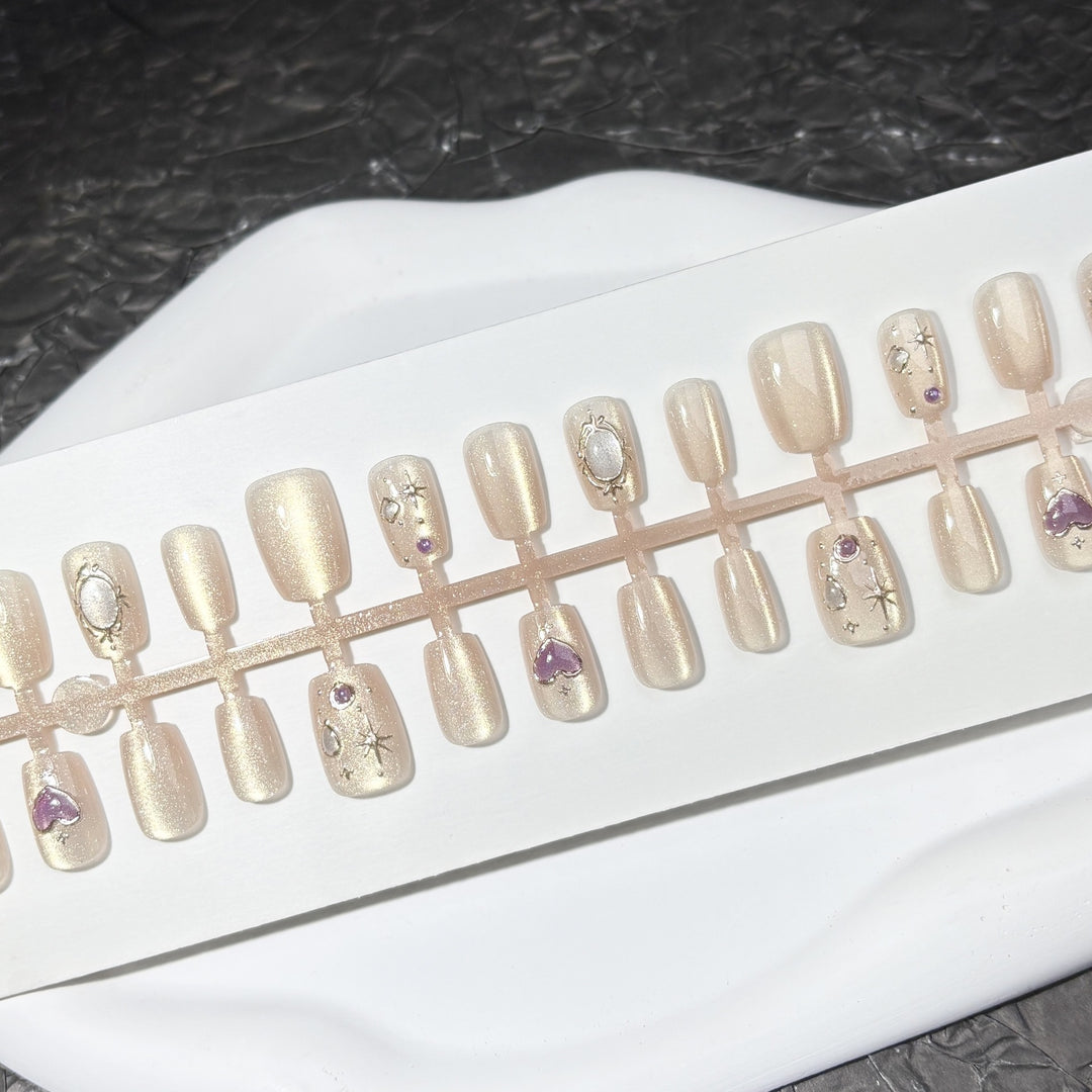 Decorative Press-On Nail Set with Gemstone Accents 1790745833