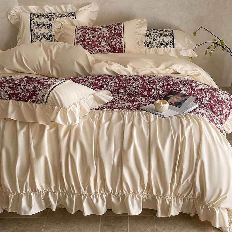 Ruffled Satin Bedspread Set with Floral Jacquard Panels and Gathered Bed Skirt