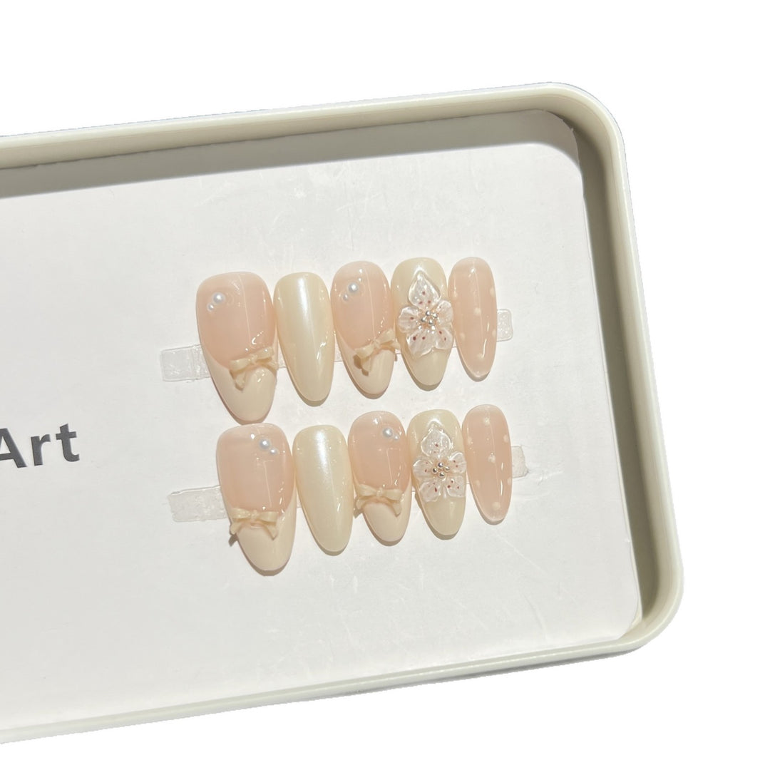 Decorative Press-On Nail Art Set with Bow and Floral Embellishments Stornfield