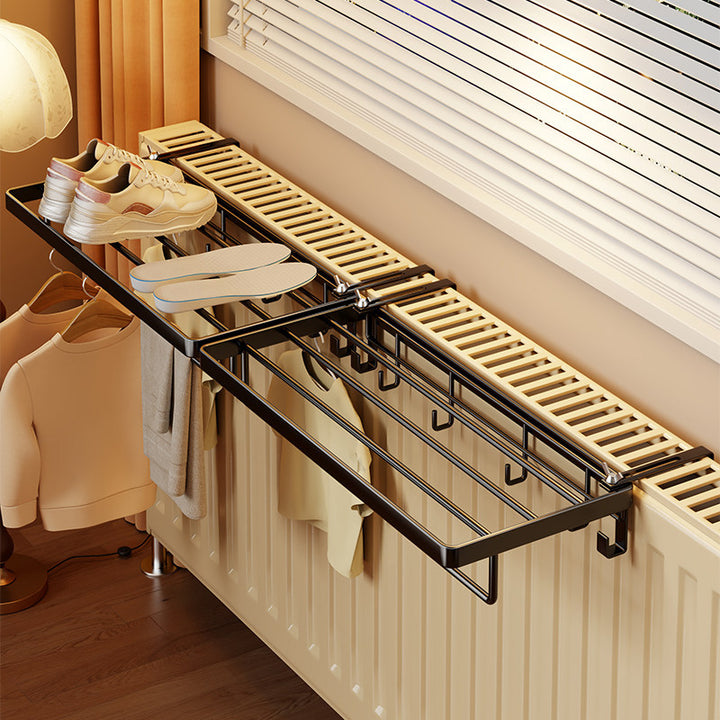 Radiator-Mounted Foldable Drying Rack with Shoe Shelf and Multi-Hook Garment Rail