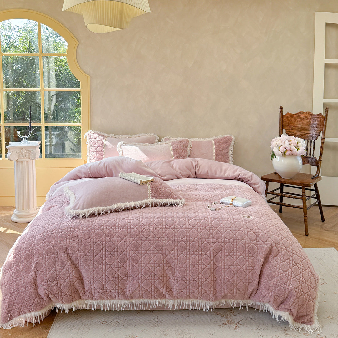 Plush Quilted Reversible Comforter Set with Fringed Sherpa Trim and Decorative Pillow Shams