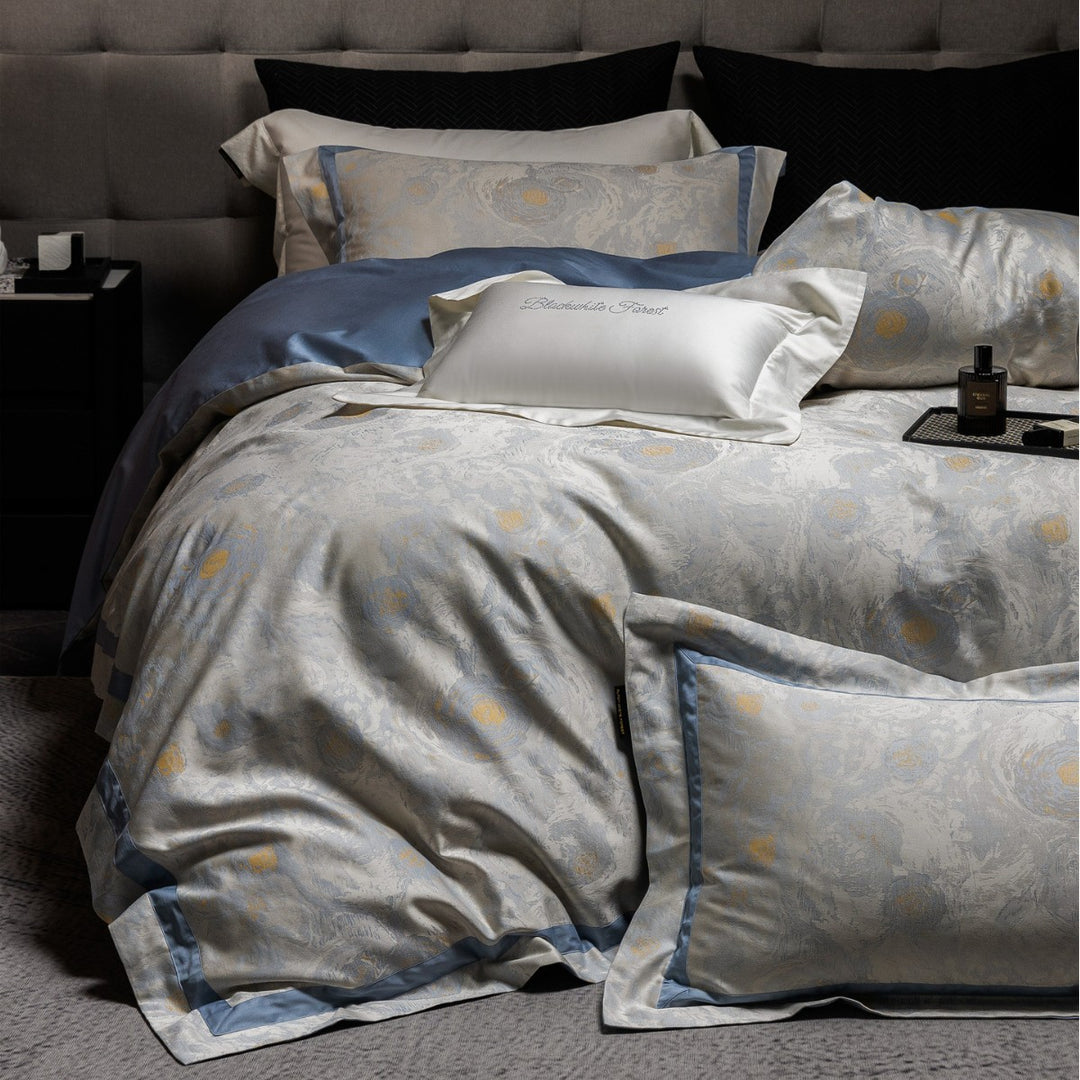 Gradient Jacquard Satin Duvet Cover Set with Floral Embossed Motif and Pillow Shams
