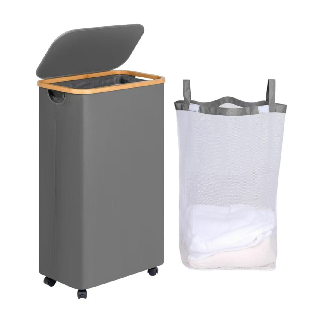 High-quality laundry container with bamboo lid and practical carrying handle Stornfield
