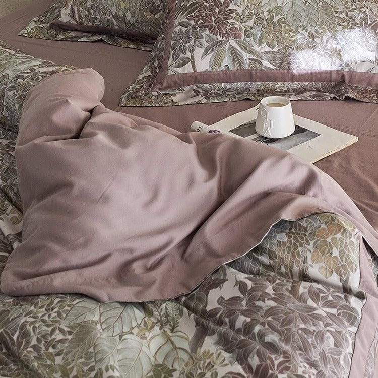 Designer Botanical Printed Sateen Duvet Cover Ensemble with Silk-Feel Border & Pillow Shams