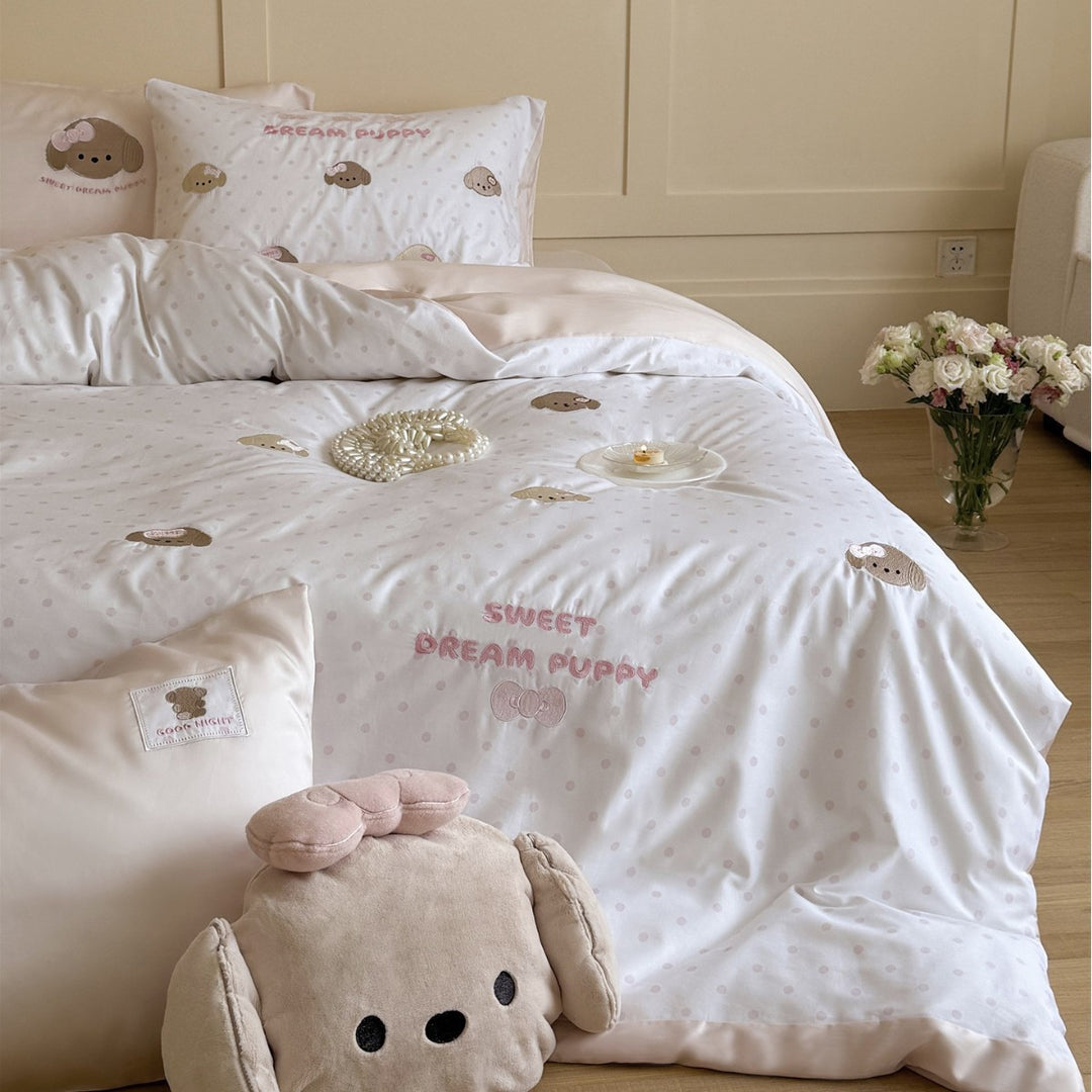 Reversible Embroidered Puppy Duvet Cover Set