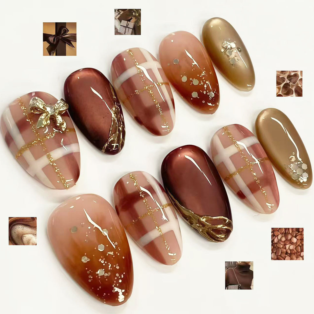 Decorative Press-On Nail Set with Gold Accents