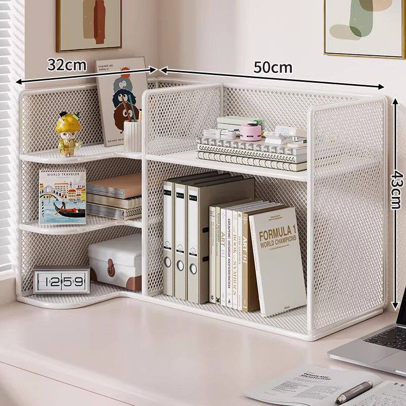 Mesh Corner Desktop Organizer Shelf with Multi-Compartment Tiers and Vertical File Slots