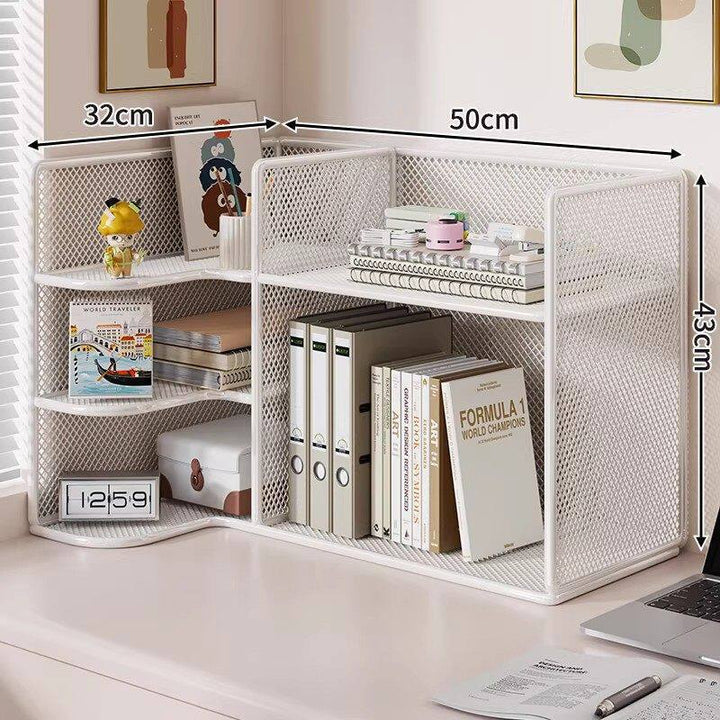 Mesh Corner Desktop Organizer Shelf with Multi-Compartment Tiers and Vertical File Slots