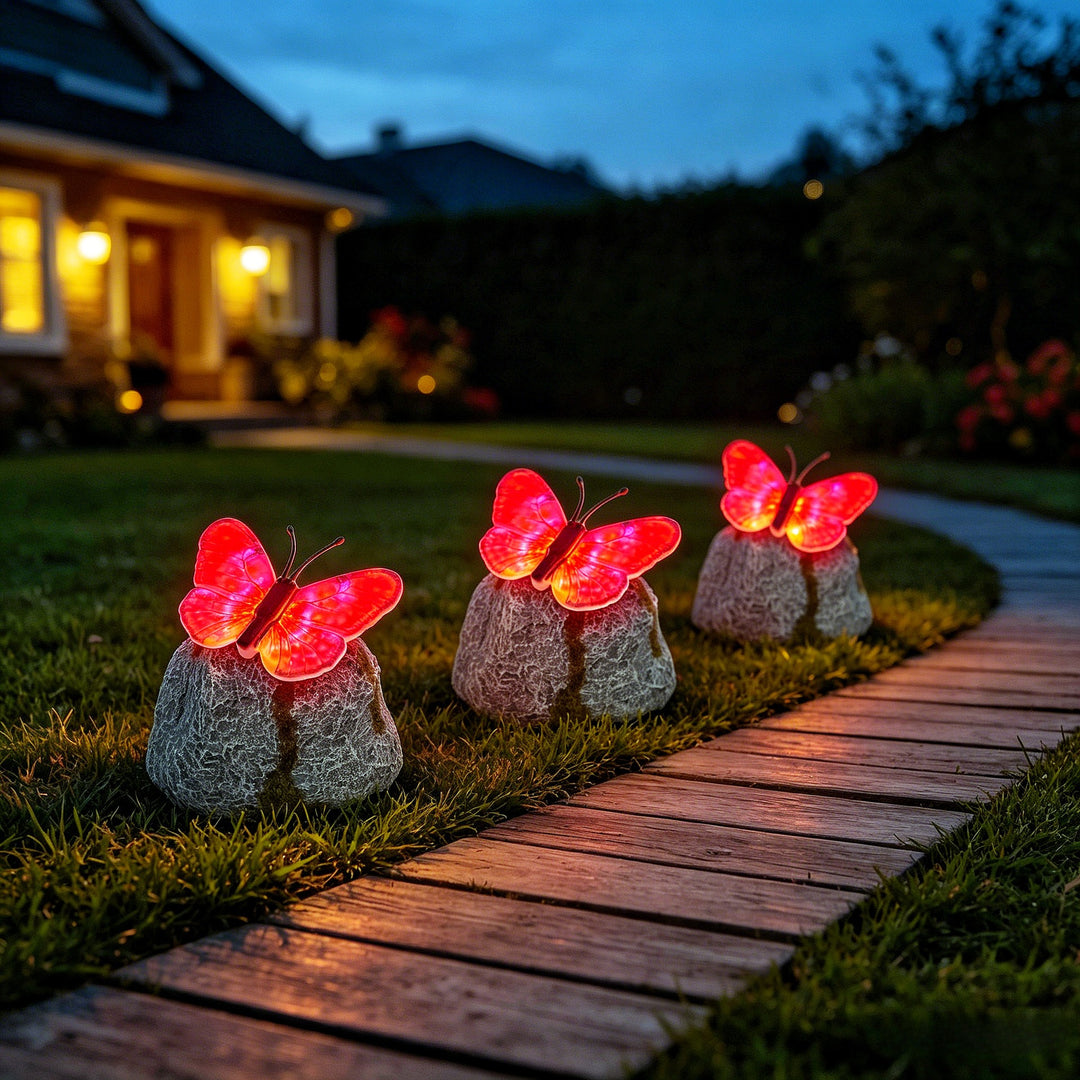 Decorative Solar-Powered Butterfly Perched Stone LED Garden Accent Stornfield