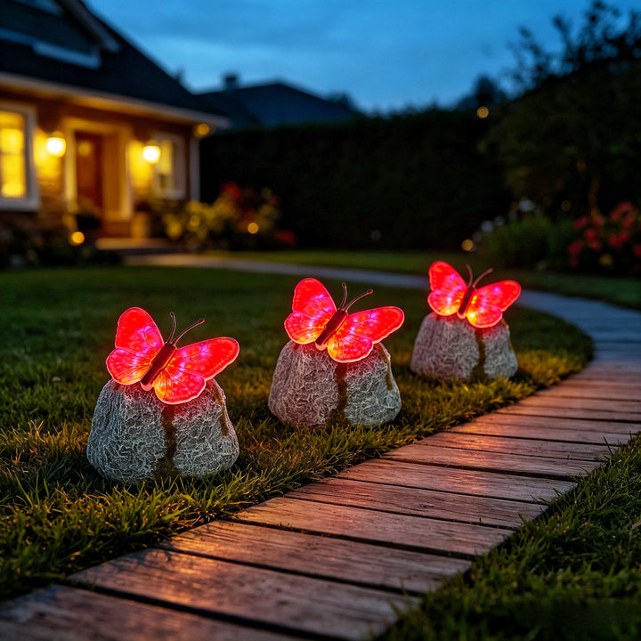 Decorative Solar-Powered Butterfly Perched Stone LED Garden Accent Stornfield