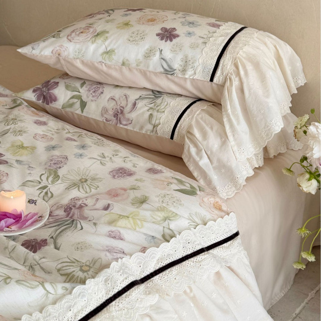 Floral Ruffled Duvet Cover Set with Layered Bedskirt and Pillow Shams