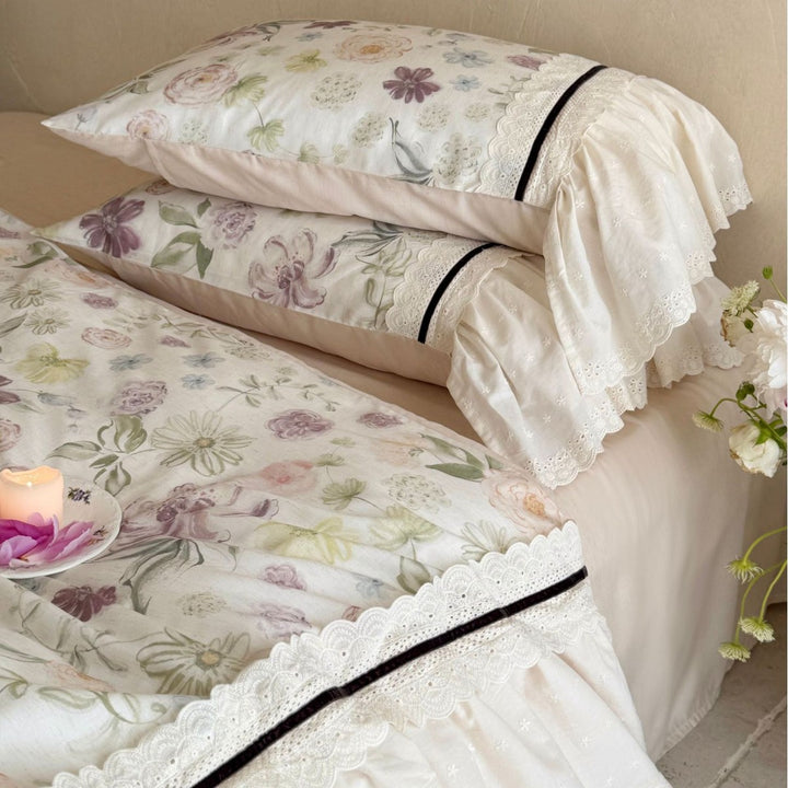 Floral Ruffled Duvet Cover Set with Layered Bedskirt and Pillow Shams