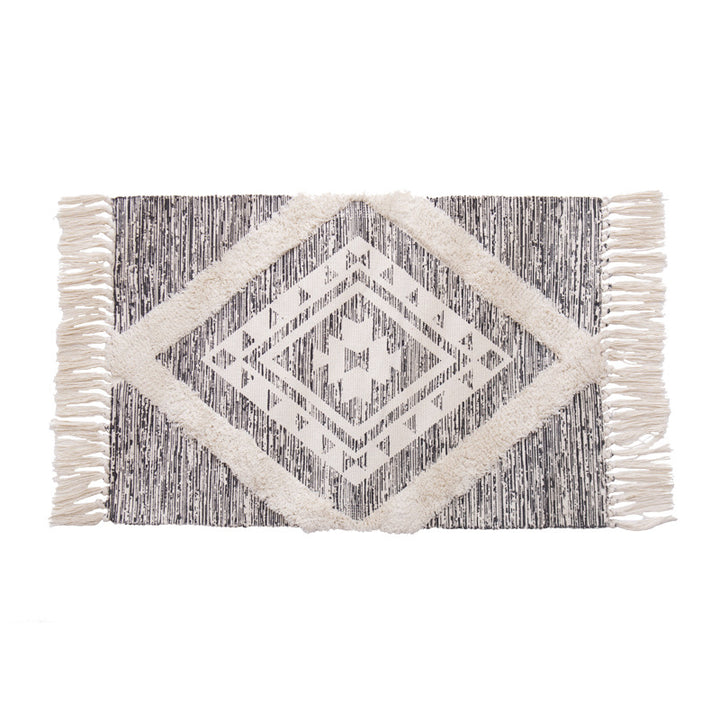 decorative woven bathroom runner with botanical jacquard pattern and fringes Stornfield