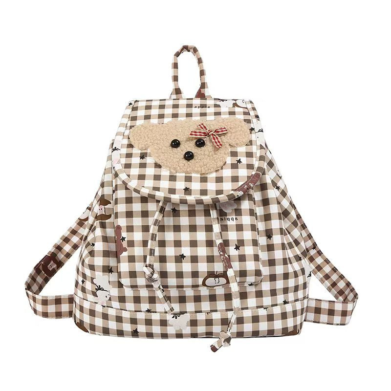 Backpack with Charming Plush Bear Motif and Playful Checkered Pattern Stornfield
