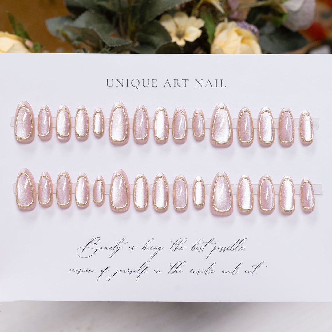 Elegant Almond-SHAPED Press-On Nails with Gold Trim