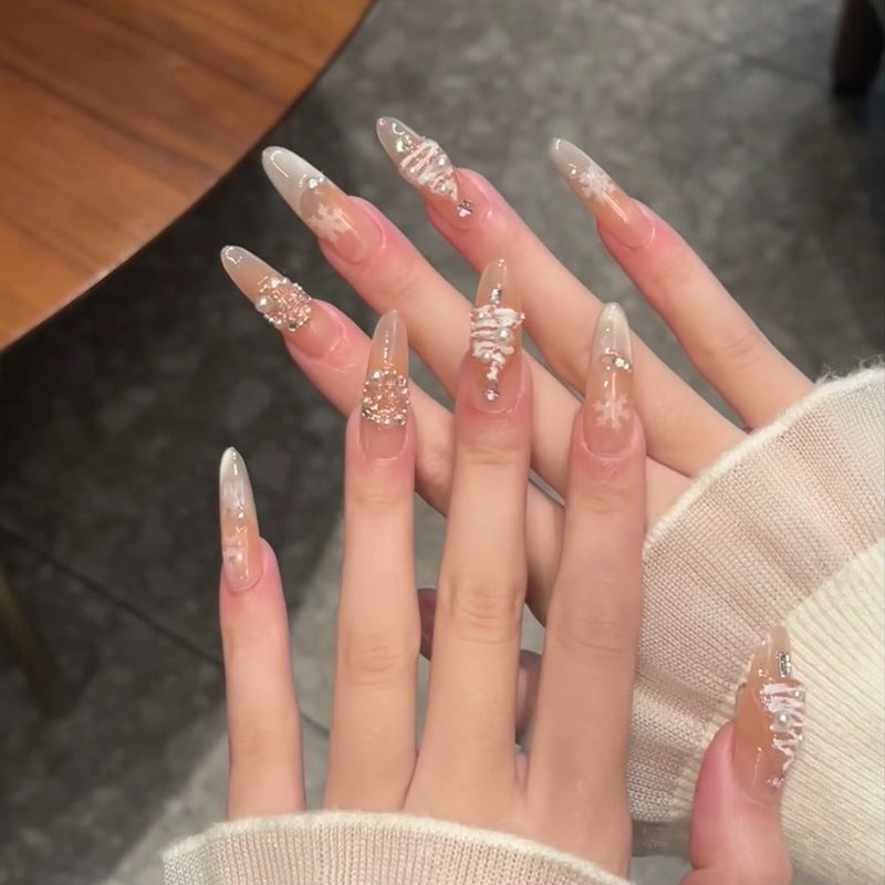 Artistic Press-On Nail Set with Decorative Gemstone Accents Stornfield