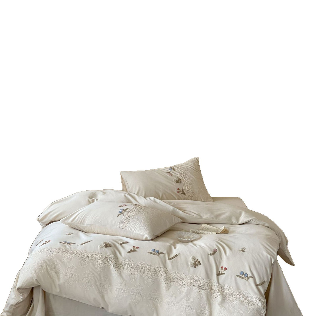 Embroidered Cotton Sateen Lace-Trim Duvet Cover Set with Botanical Appliqué