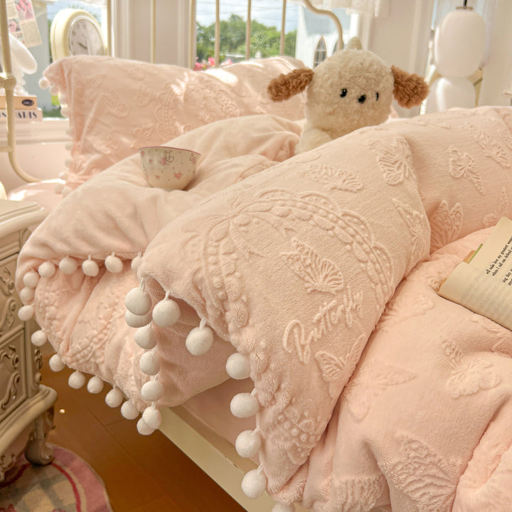 Plush Embossed Butterfly Duvet Cover Set with Pom-Pom Trim