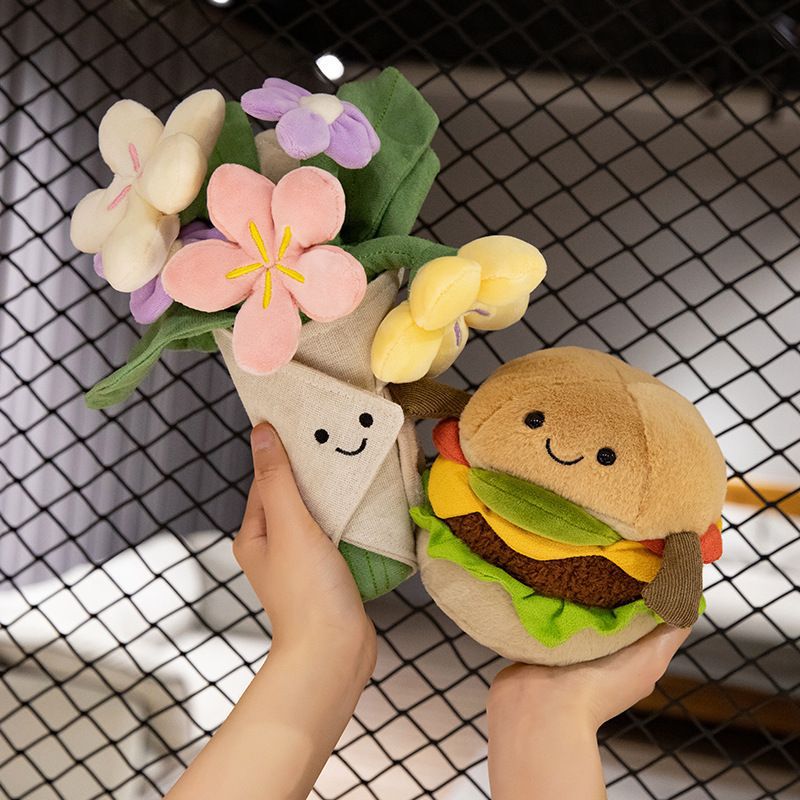 Plush Flower Bouquet Decorative Soft Toy with Embroidered Face and Removable Burlap Wrap Stornfield