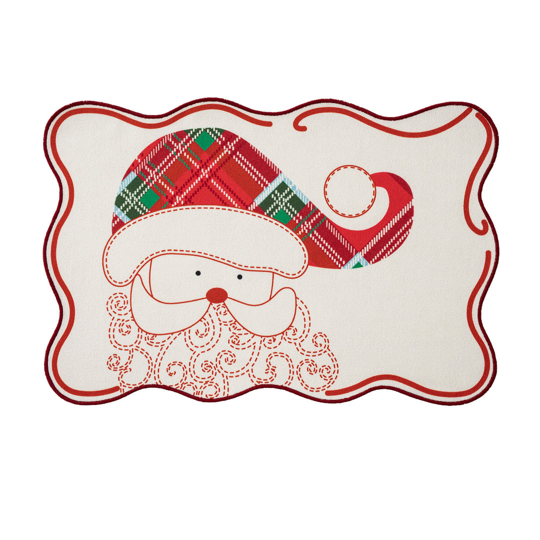 Rectangular Christmas floor rug with embroidered reindeer motif and check pattern