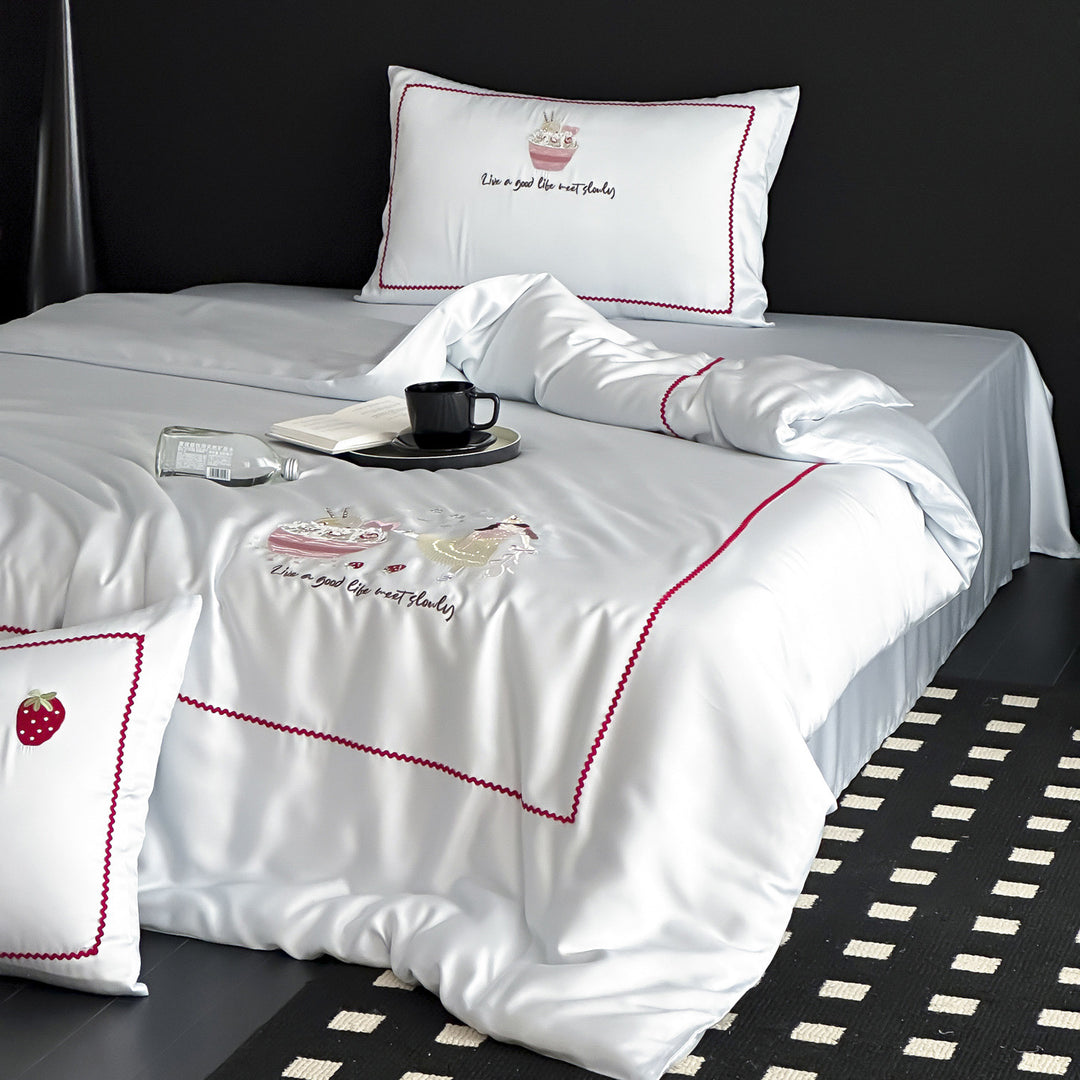 Silky Embroidered Rabbit-Motif Duvet Cover Set with Pillowcases