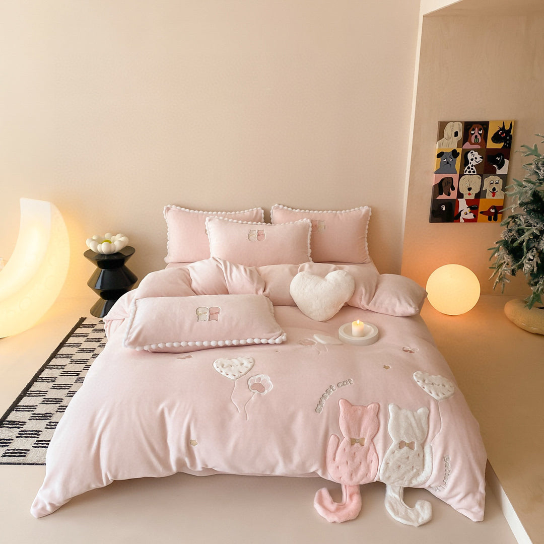 Plush Embroidered Cat Appliqué Duvet Cover Set with Pom-Pom Trim and Heart Throw Pillow