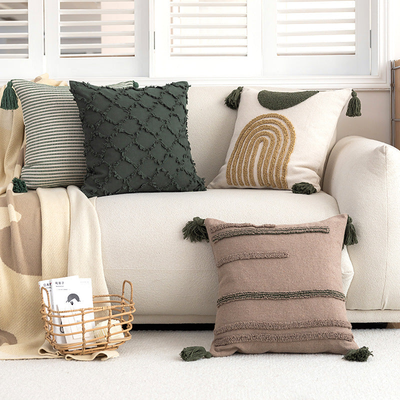Decorative Knitted Striped Square Throw Pillow with Corner Tassels