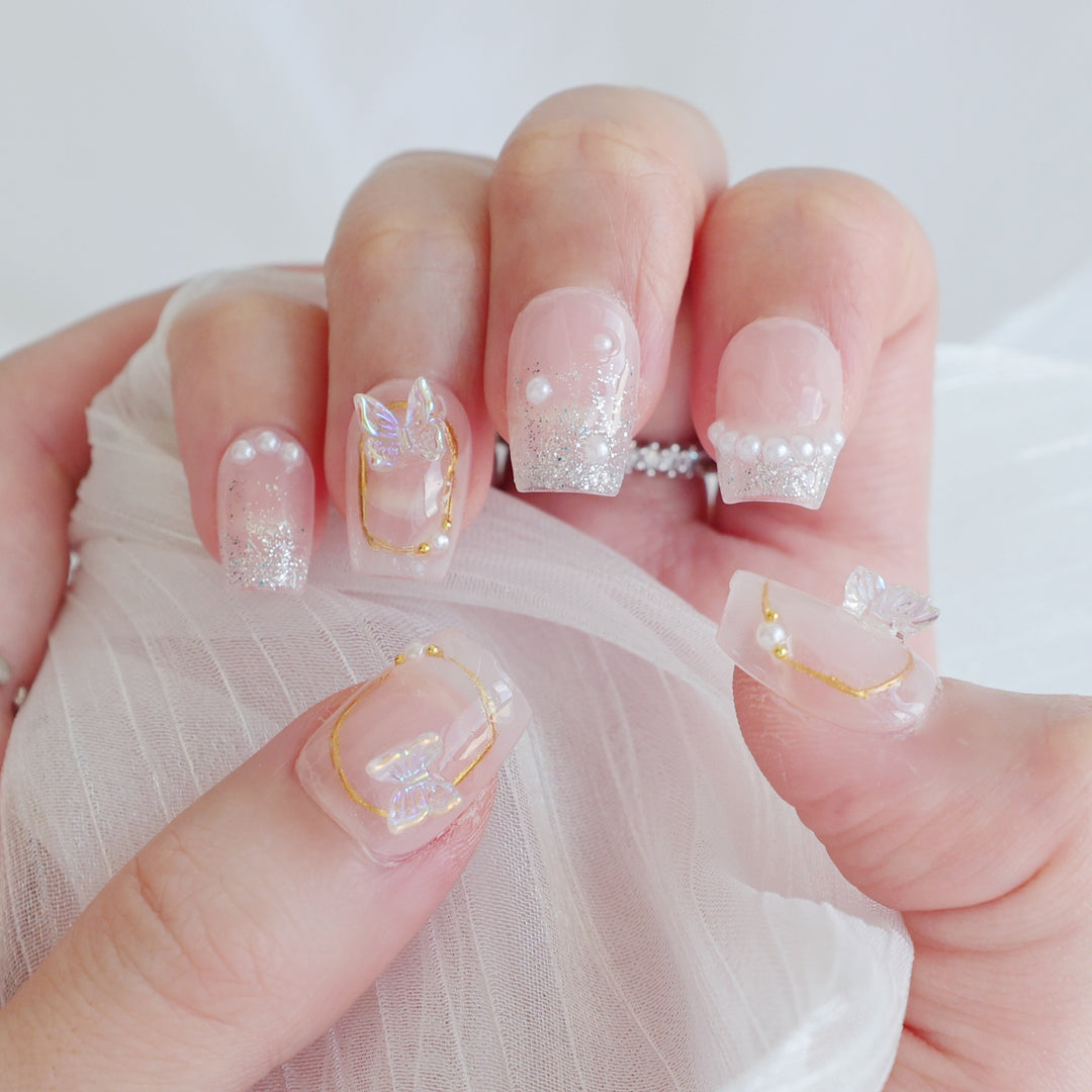 Artistic Press-On Nail Art Set with Heart and Celestial Designs