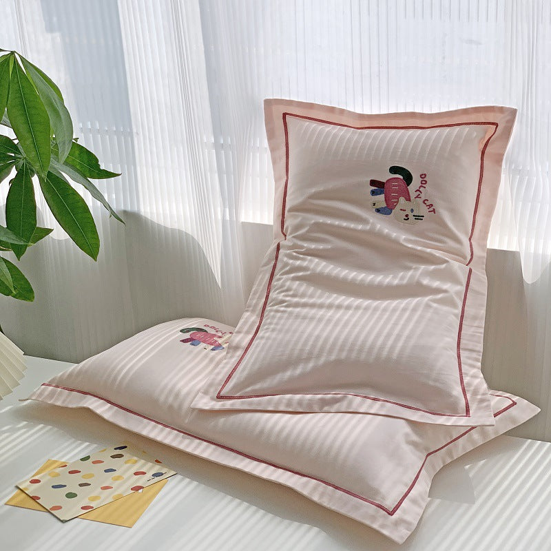 Embroidered Cotton Sateen Pillowcase Set with Piped Edge