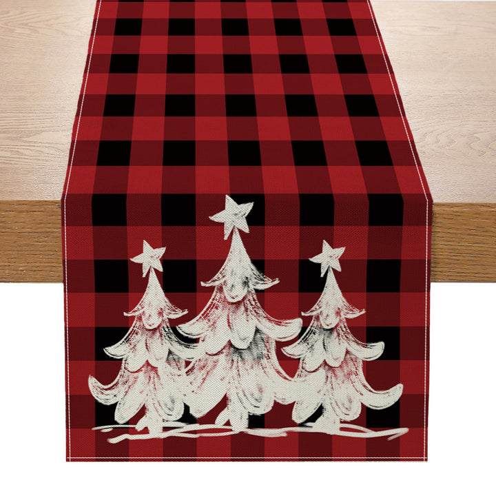 Buffalo-Edge Cotton-Linen Christmas Table Runner with Merry Christmas Tree Art
