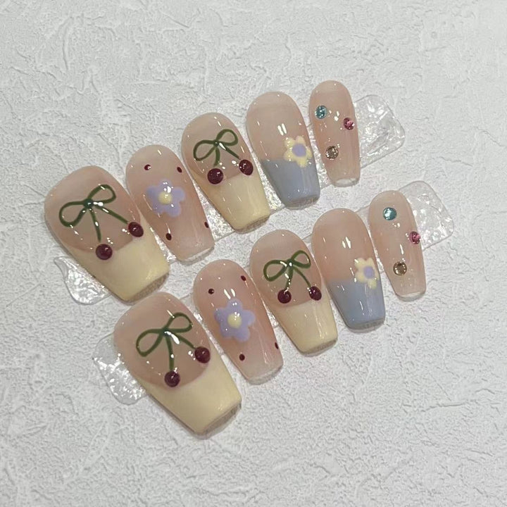 Charming Decorative Press-On Nail Set with Cherry and Floral Designs Stornfield