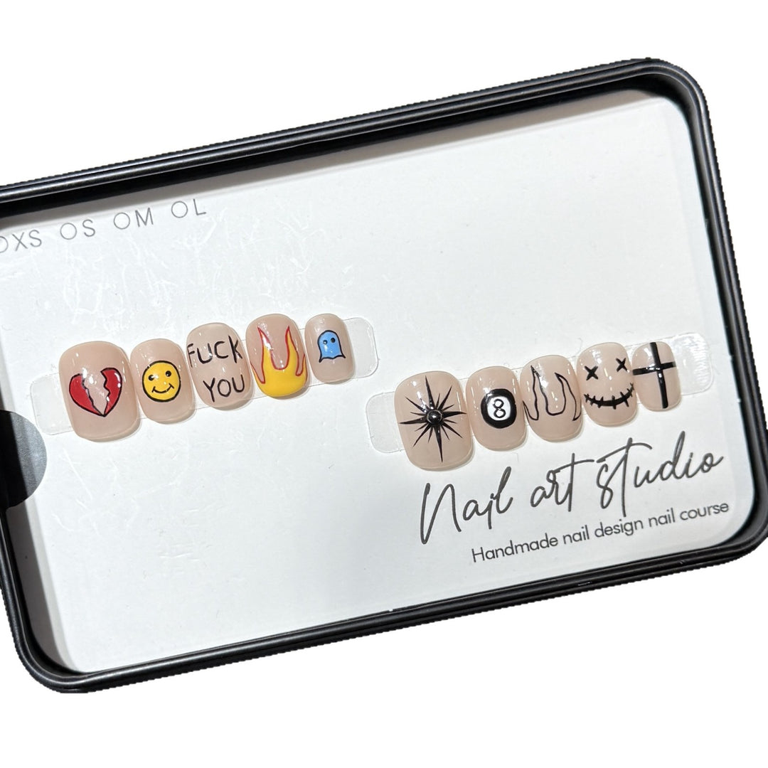 Artistic Press-On Nail Set with Unique Graphic Designs Stornfield