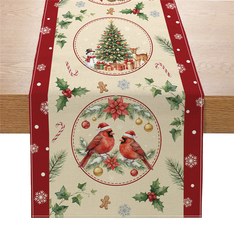 Festive Cotton-Linen Christmas Table Runner with Snowman and Plaid Tree Illustration