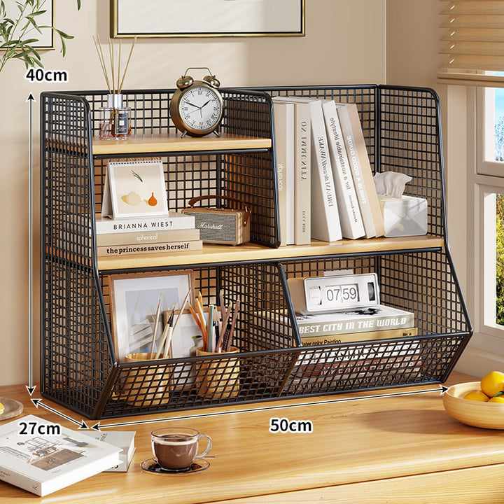 Double-Tier Mesh Metal Desktop Organizer with Wooden Shelves
