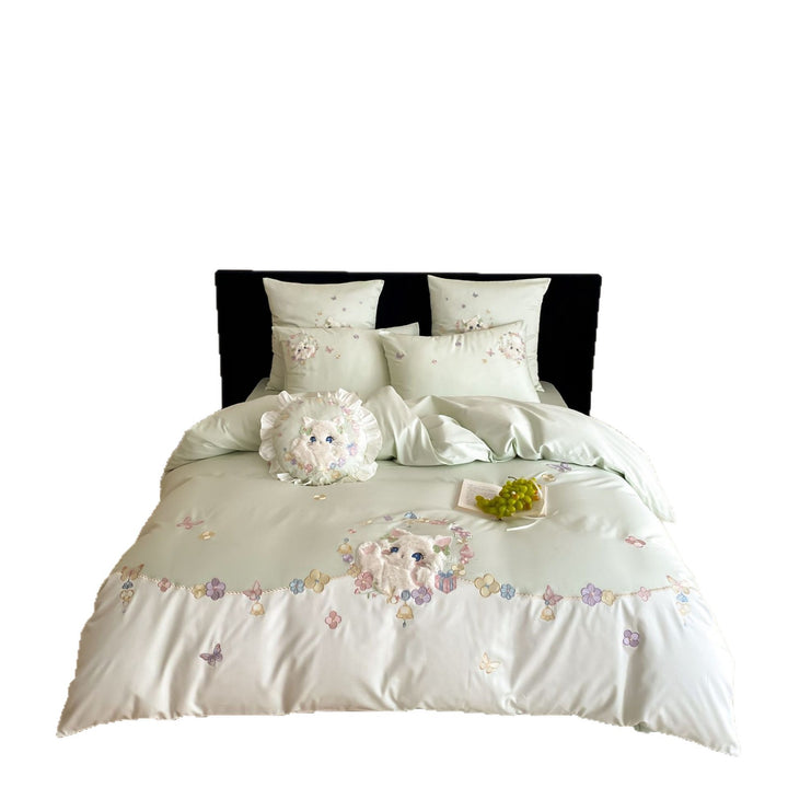 Luxurious Embroidered Satin Duvet Cover Set with 3D Plush Cat Appliqué and Ruffled Accent Pillow