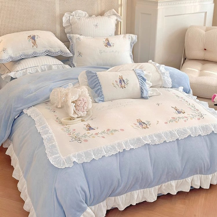 Embroidered Ruffled Duvet Cover Set with Decorative Shams and Bolster Pillow
