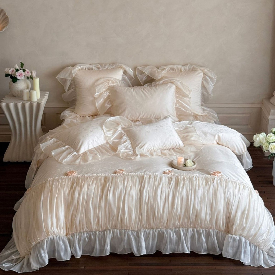Luxurious Ruffled Satin-Effect Duvet Cover Set with Rosette Accents & Layered Ruffle Skirt
