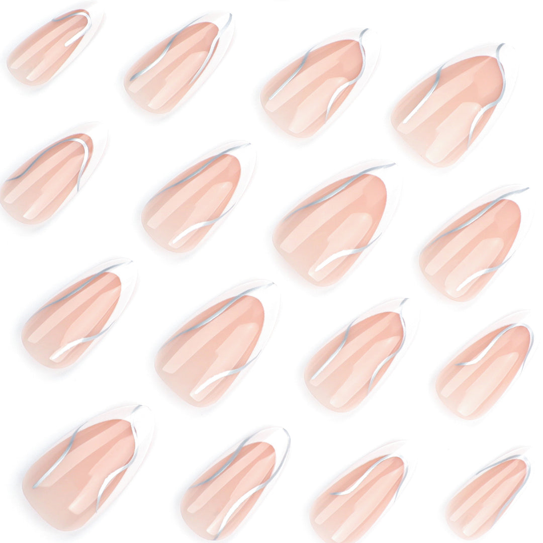 Elegant artificial nails with fine wave and glitter motifs Stornfield