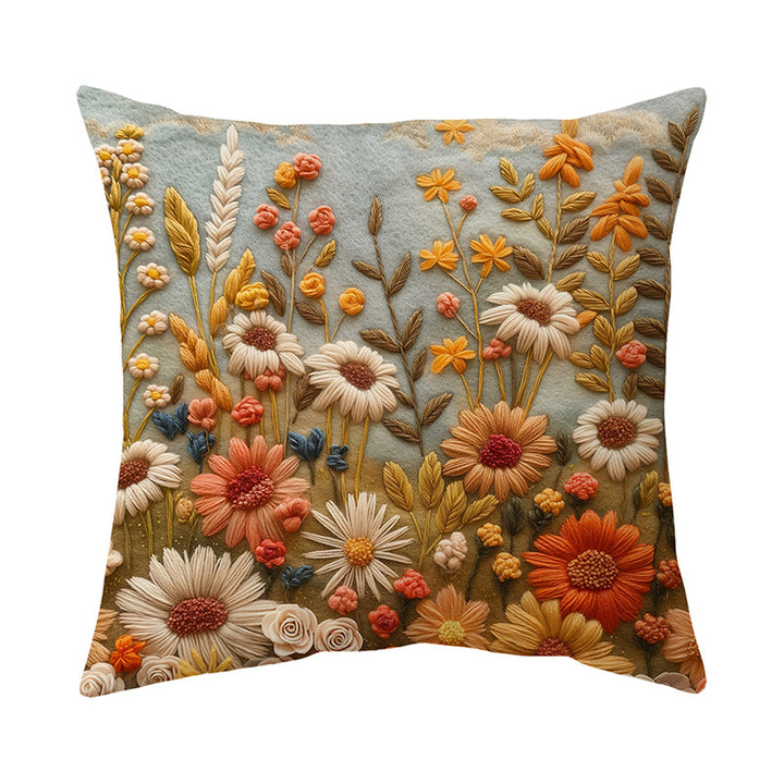 Embroidered Wildflower Raised-Texture Square Throw Pillow Cover